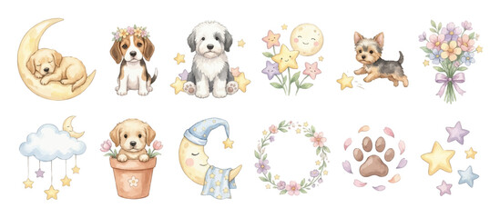 Obraz premium Cute baby dogs in dreamy pastel style with moon and decorative flowers. Collection of Vector illustrations for invitation, card, poster, banner, decoration