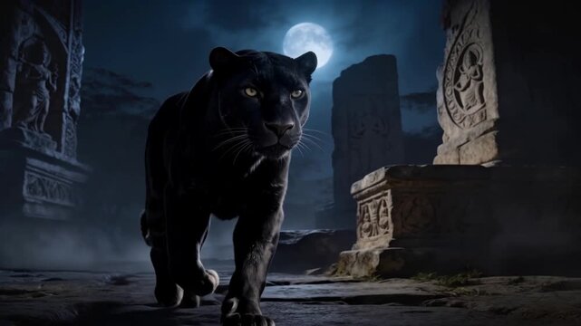 Walking black panther entering from left and approaching camera at carved pillars under full moon