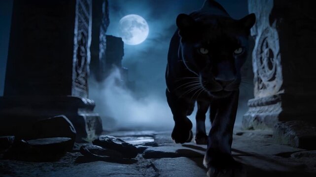 Emerging from mist black panther prowling toward viewer in ancient stone passage, fog and pillars