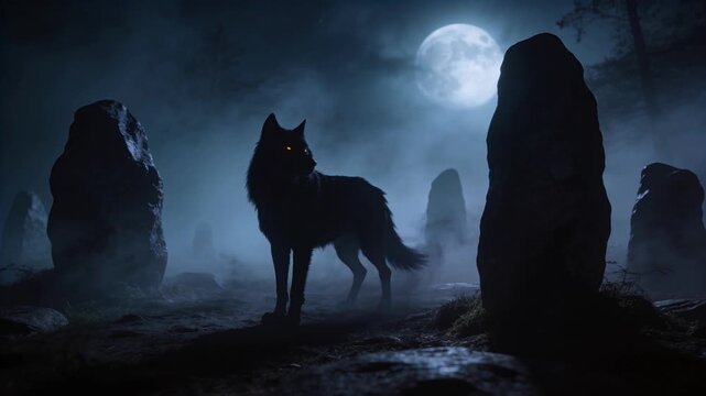 Standing canid sensing motion turning to lens by stones under full moon fog swirling eyes glowing