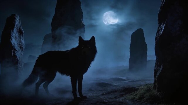 Hearing sound, lone wolf shifting and raising head in stone circle under full moon, eyes reflecting