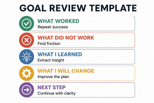 A goal review template is displayed, outlining sections for what worked, what didn't work, lessons learned, changes to make, and the next step.