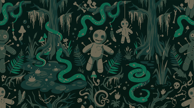 Spooky swamp illustration with voodoo dolls hanging in trees and snakes slithering.