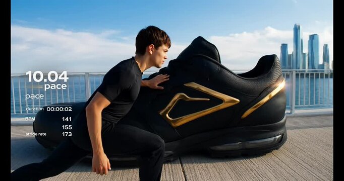 Man interacts with giant black and gold athletic shoe by the water with city skyline.