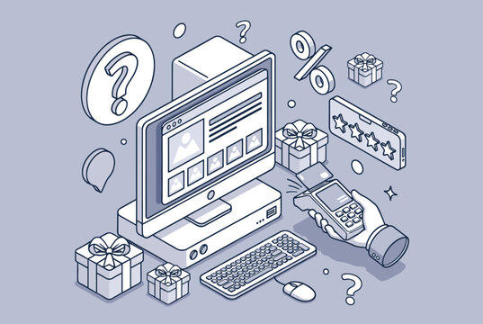 Modern isometric illustration of online shopping showing a payment terminal, a computer screen, and gift boxes.