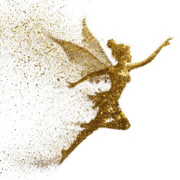 Gold glitter fairy silhouette flying with magical pixie dust isolated on white background