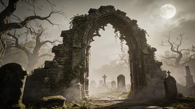 Approaching camera framing ruined gothic stone arch, revealing misty path with drifting particles
