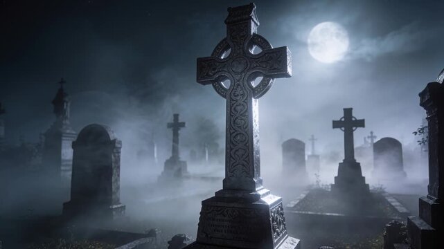Pushing camera forward, shot showing Celtic cross knotwork and base in foggy cemetery night