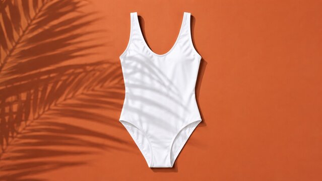 Sleek blank white one-piece swimsuit laid perfectly flat against a seamless terracotta background with palm shadows