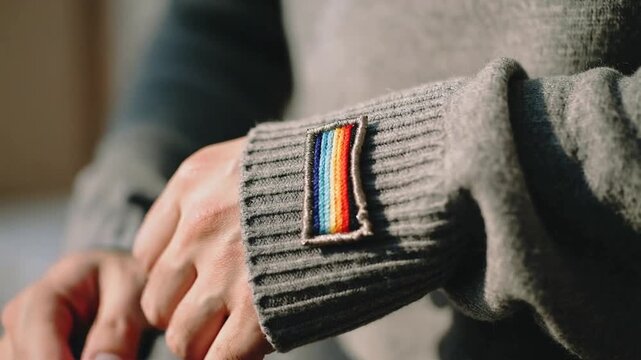 Smoothing man's hands right-thumb pinching rainbow patch on grey knit cuff at home to align edges
