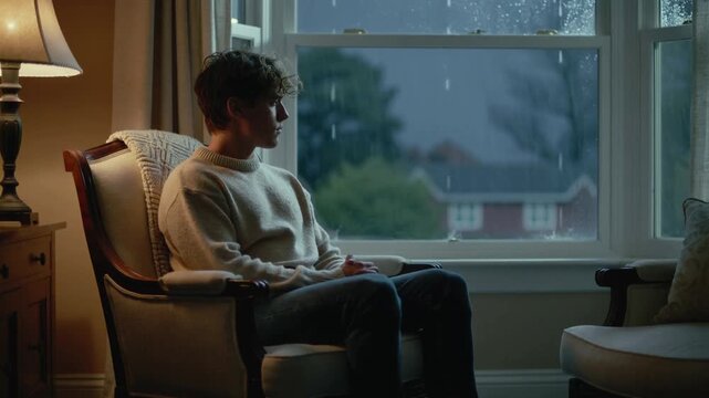 Man in light sweater sitting in armchair at bay window watching lightning, lamp glowing, copy space