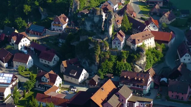 Aerial view of the old town in the city Pottenstein on a sunny noon in Spring in Germany