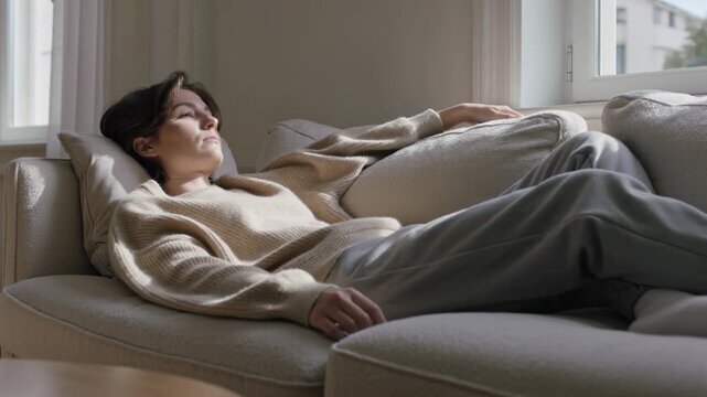 Reclining woman in beige knit making slight moves resting on sofa at home, daylight entering window