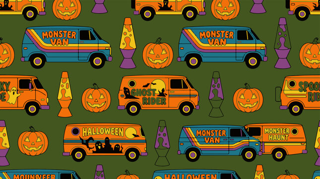 A seamless halloween pattern with monster vans, pumpkins, and lava lamps on green background.