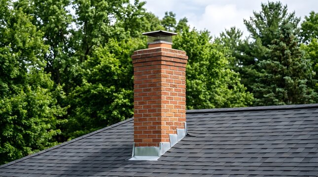Brick chimney on a residential roof with metal flashing and a chimney cap against a background of trees