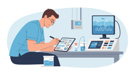 Fototapeta premium Scientist Analyzing Water Quality Data with Tablet and Equipment