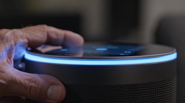 Entering hand tapping, sliding, holding speaker top with blue ring at home desk, activating speaker