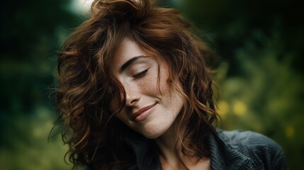Naklejka premium Young woman with messy long, wavy auburn hair and natural freckles smiles peacefully with her eyes closed while enjoying the soft natural light in a lush green garden, portrait in nature