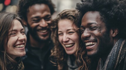 Fototapeta premium Diverse group of friends sharing a candid moment of laughter outdoors