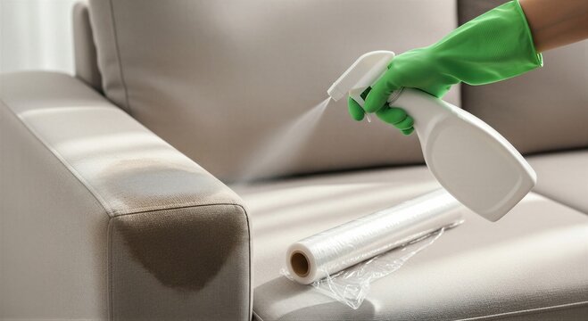 Cleaner spraying detergent on couch fabric to remove stain. Professional sofa cleaning service worker applying chemical solution for furniture maintenance and upholstery restoration.