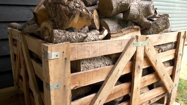 Closeup rising shot of a wooden crate or pen containing a large stack of chopped and seasoned tree logs, for firewood.