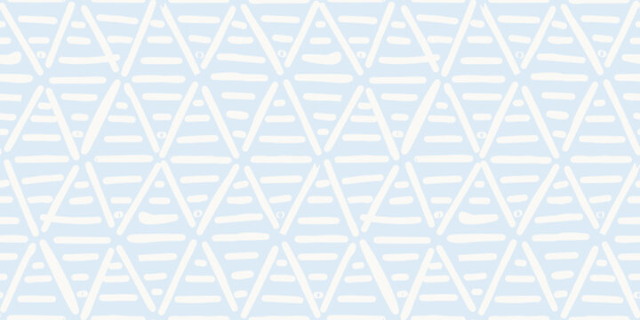 Seamless pattern of minimal hand drawn blue triangle grid on white background
