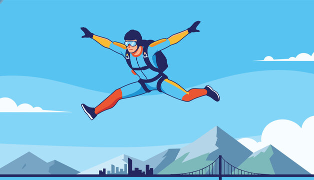 Brave skydiver performing a jump in a blue suit over a majestic mountain landscape and city skyline.