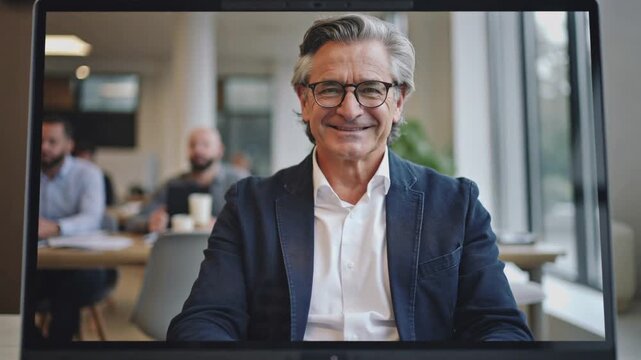 Smiling senior exec wearing dark blazer reacting to comment during virtual meeting on laptop