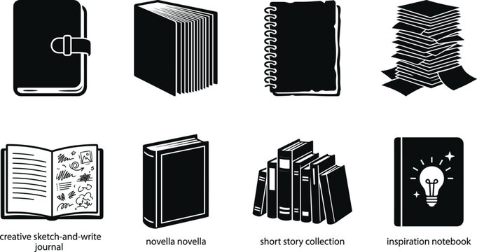 Books and creative writing notebook black silhouette icon set featuring sketch journal novella stack short story collection and inspiration notebook