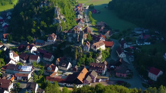 Aerial view of the old town in the city Pottenstein on a sunny noon in Spring in Germany