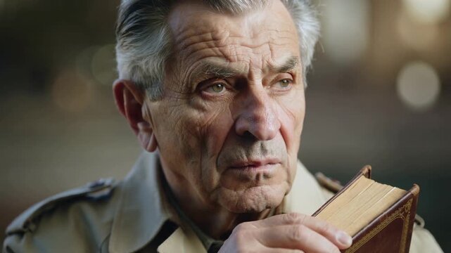 Shifting gaze, senior man wearing beige trench coat squinting at sun in park, holding leather book