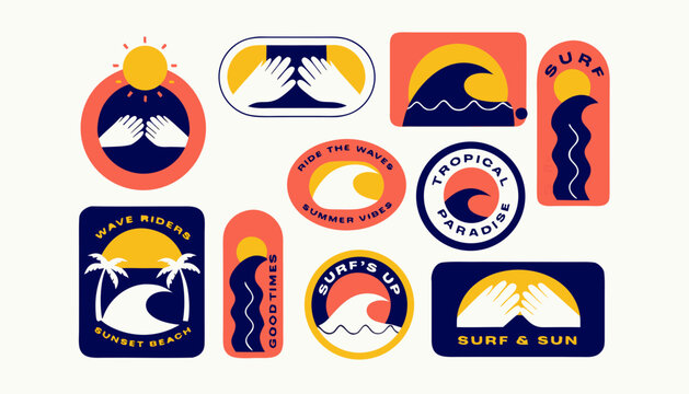 Group of ten minimal surf inspired logos featuring sun wave and beach themed illustrations.