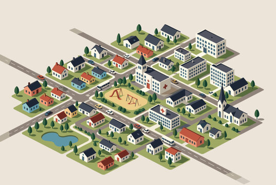 Complex isometric map of a small town showing houses, streets, cars, trees, a hospital, school, and playground.