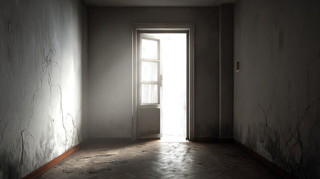 A dimly lit room with peeling walls and an open door, creating a sense of mystery and inviting exploration.