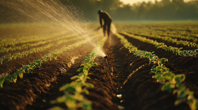 A farmer carefully waters lush green crops in a tranquil field at sunrise, showcasing agricultural dedication and nature's beauty.