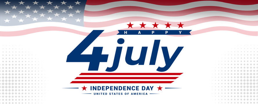 Happy 4th of July USA Independence Day celebration background with handwritten typography, waving American flag, sparkle fireworks and patriotic ribbon banner