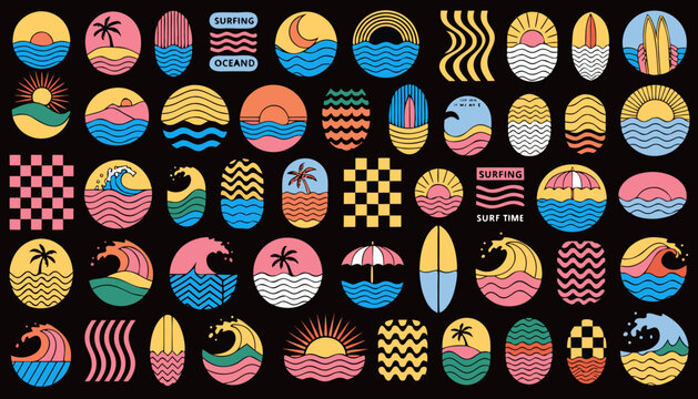Surf badge collection featuring retro wave graphics and vintage summer vacation emblems set.