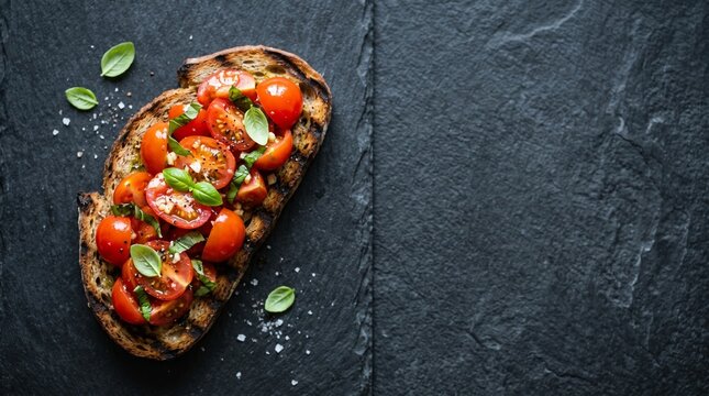 Traditional italian tomato bruschetta on toasted bread with olive oil and basil over dark slate. Premium healthy vegetarian appetizer food photography for restaurant menu design.