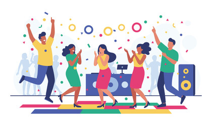 Fototapeta premium Happy diverse friends dancing and celebrating at a colorful party with confetti and a music DJ in the background.