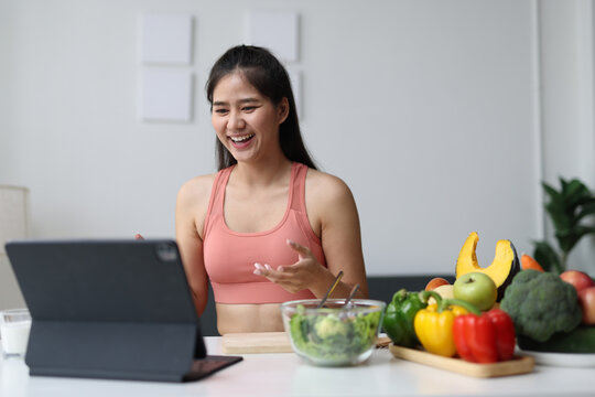 Woman having online video call about healthy eating.
