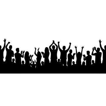 Black silhouette of a cheering crowd with people clapping and raising their hands, isolated on a white background