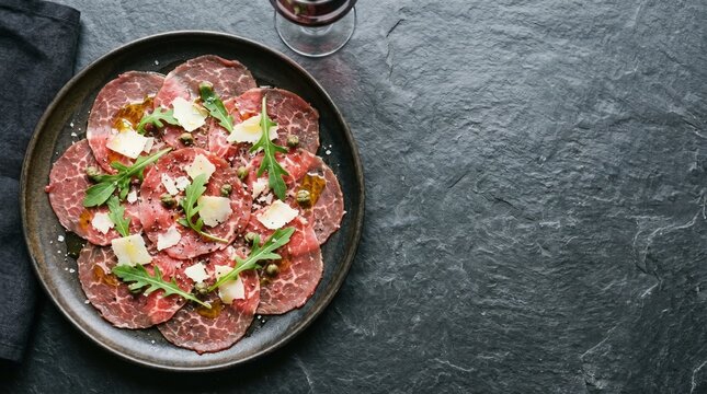 Gourmet beef carpaccio appetizer with parmesan cheese, capers and fresh arugula on dark stone plate, luxury italian restaurant menu food background