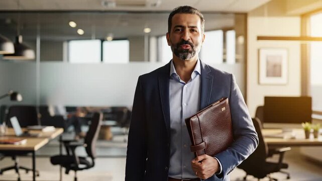 smiling middle eastern businessman in blue blazer holding leather folder in modern office. professional portrait, corporate career. business presentation