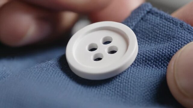 Holding white 4-holed button hands guiding it through blue shirt buttonhole at table, mending seam