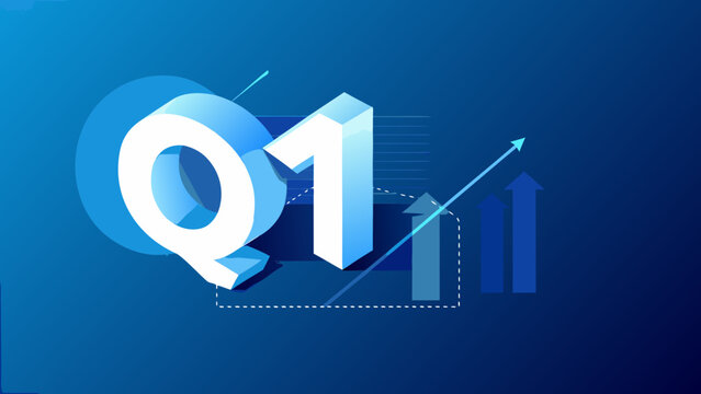 Blue And White Q1 Graphic Illustration With Rising Bar Chart And Circular Design Elements first quarter quarterly business