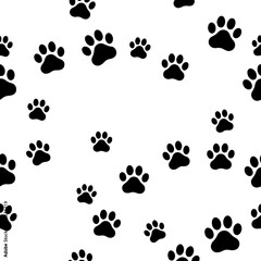A seamless pattern of black animal paw prints scattered across a clean white background, creating a playful and repetitive texture © md ruhul11