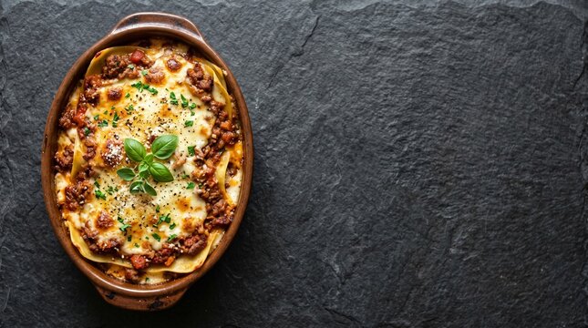 Traditional Italian baked lasagna with rich bolognese meat sauce and melted cheese in an oval clay dish garnished with fresh basil on a dark background, classic comfort food with copyspace.