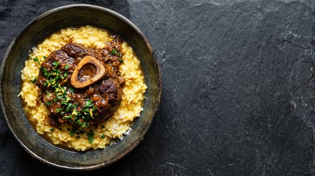 Italian ossobuco meat stew with saffron risotto milanese served in dark bowl with copy space. Classic gourmet regional food presentation for premium menu design.