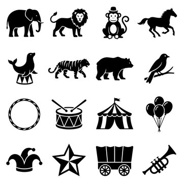 Circus performance and animal set featuring elephant, lion, monkey, horse, seal, tiger, bear, bird, hoop, drum, tent, and balloon on white