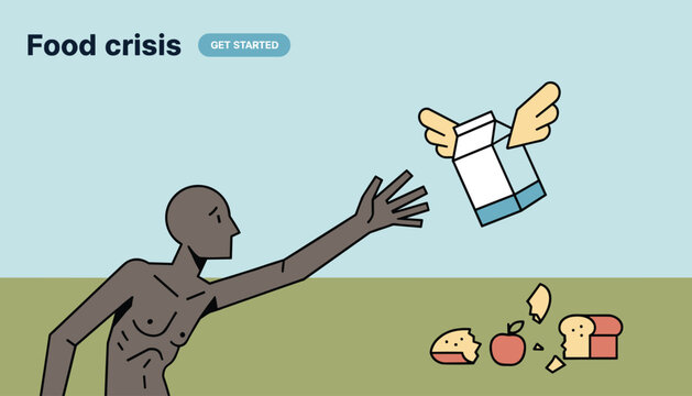 Food crisis concept illustrating a starving person reaching out desperately to catch a flying milk carton.